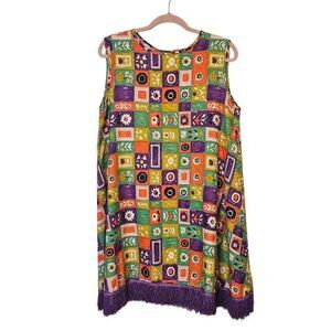 Vintage handmade dress, sleeveless, colorful block pattern. Size L.